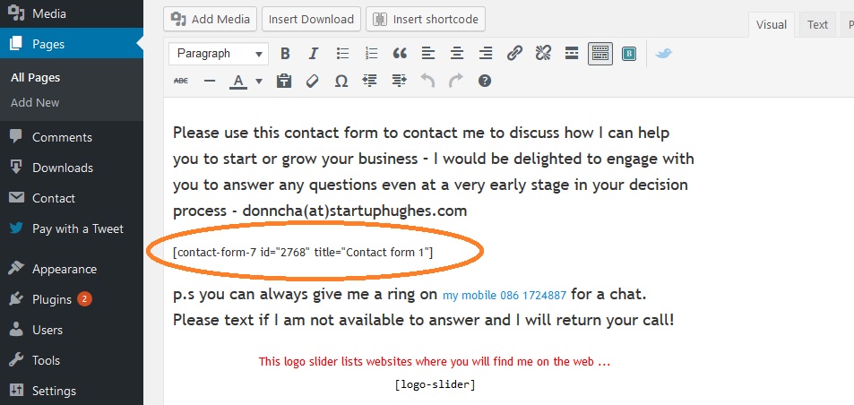 Contact Form ShortCode Example