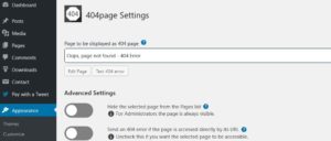 404 Error Page Settings via Appearance in WP Dashboard