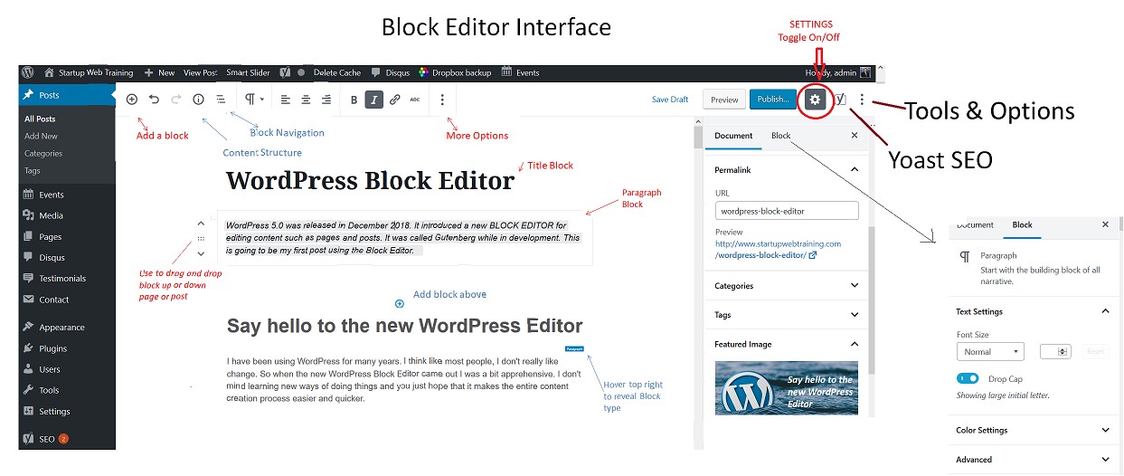 WordPress Block Editor Interface - all icons and buttons explained